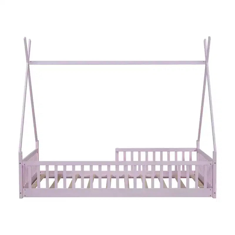 Bellemave Cadre de lit au sol en tente double avec barrières de sécurité, lit cabane en bois pour salle de jeux et chambre à coucher.