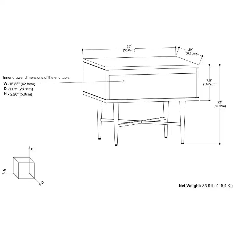 Jovie Table d'appoint carrée contemporaine de 50,8 cm de large en bois de manguier massif avec tiroir