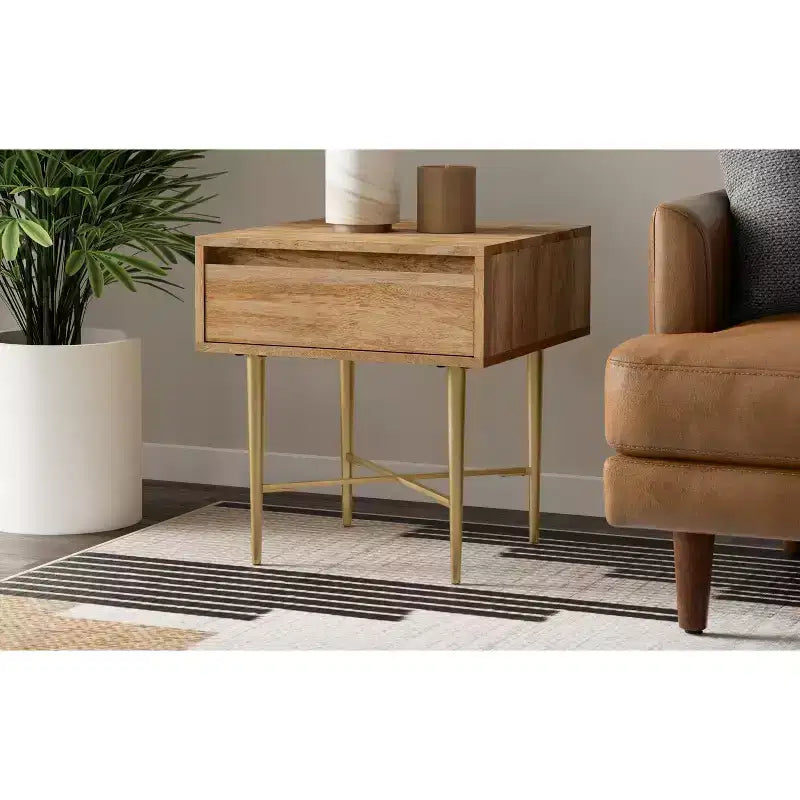 Jovie Table d'appoint carrée contemporaine de 50,8 cm de large en bois de manguier massif avec tiroir