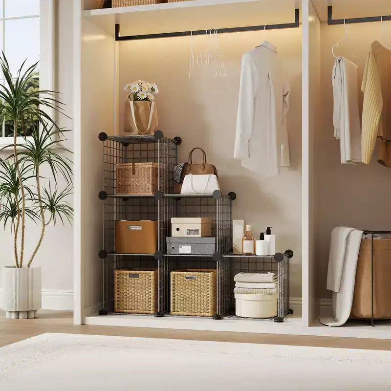 Meuble de rangement en filet métallique à 6 casiers, organiseur modulaire pour chambre à coucher ou bureau, gris