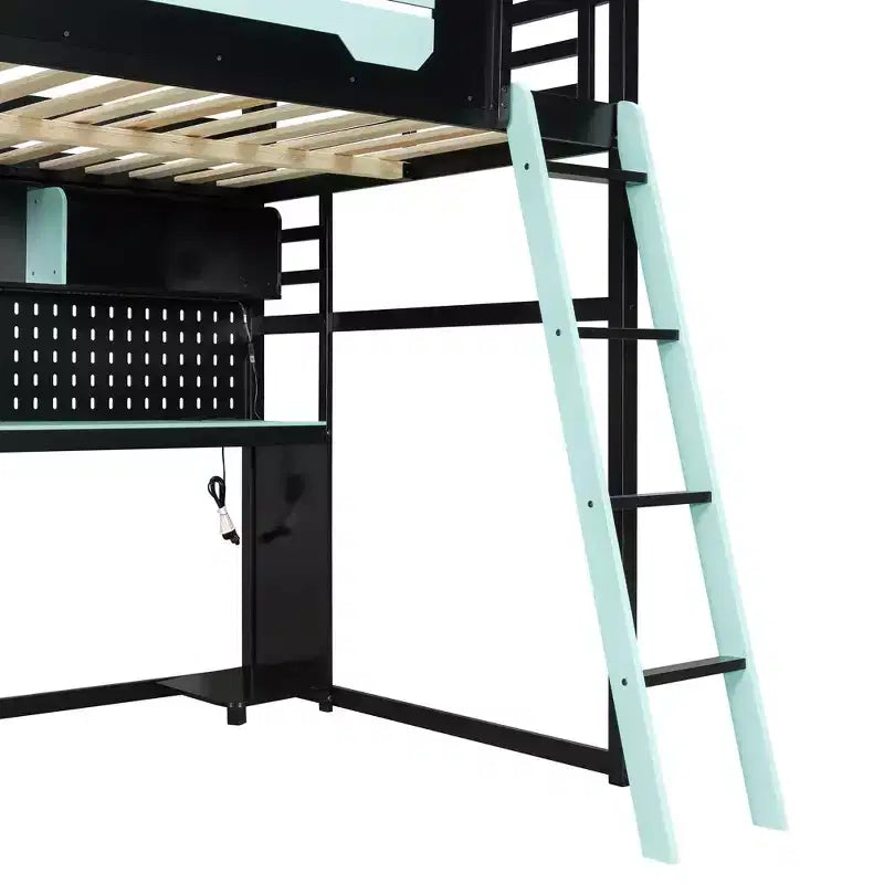 Lit mezzanine GDF Studio Monroe en bois avec bureau, étagères, lumières LED, ports USB et panneau perforé