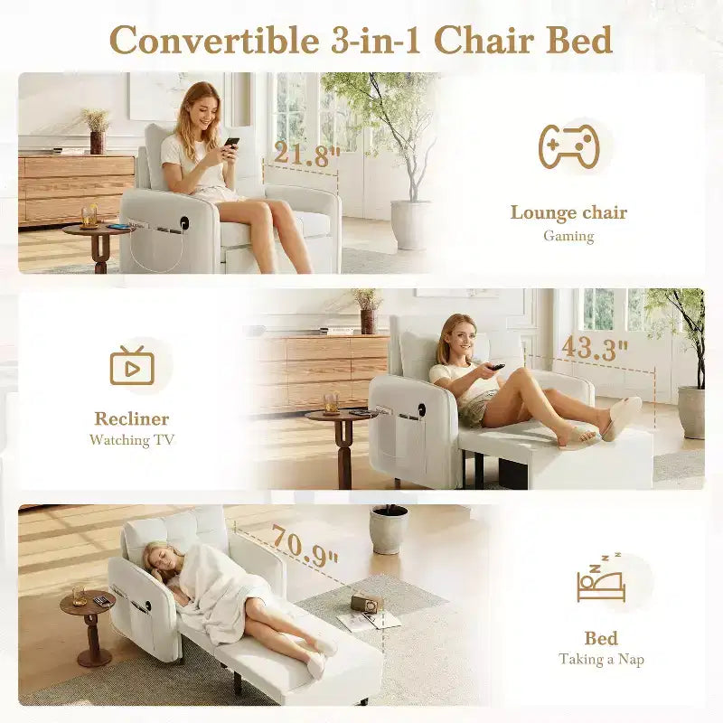 Polibi Fauteuil Lit Convertible 3 en 1 avec Chargement USB et Rangement Caché