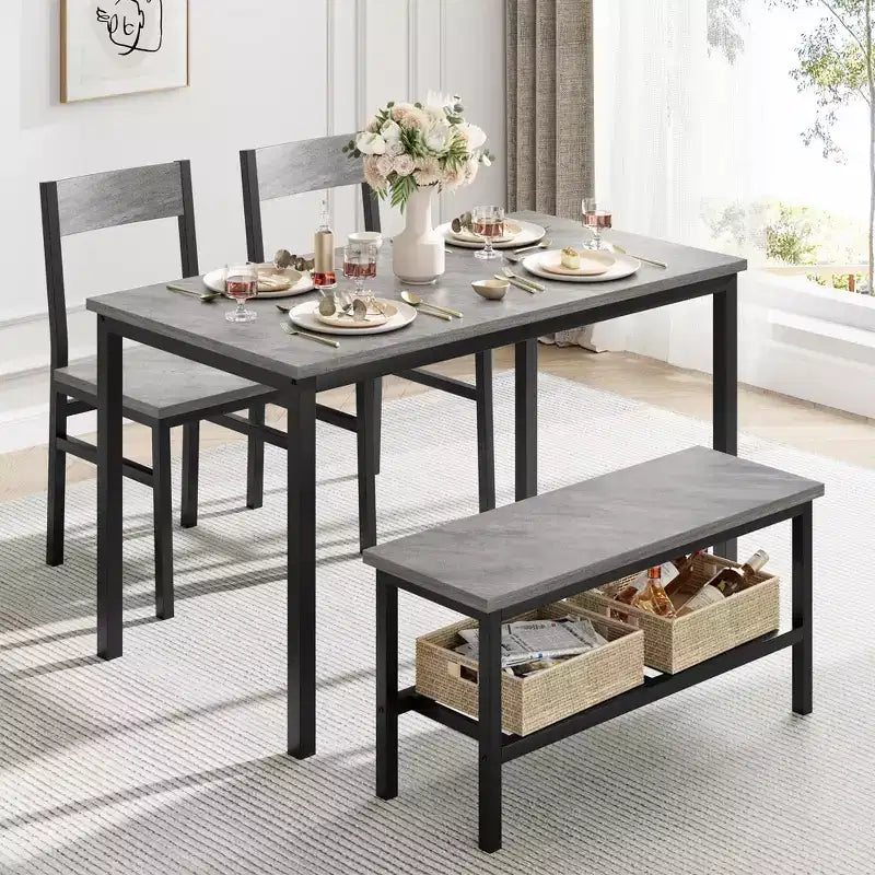 Dining Table 4-Piece with Dining Table, 2 Chairs, One Bench in Metal Frame, Rectangular Kitchen Table Set for Living Room, Dining Room, Grey