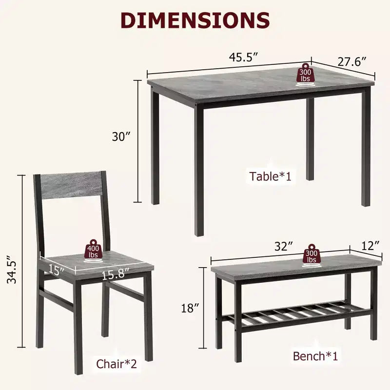 Table de salle à manger 4 pièces avec table, 2 chaises, un banc en métal, ensemble de table de cuisine rectangulaire pour salon, salle à manger, gris