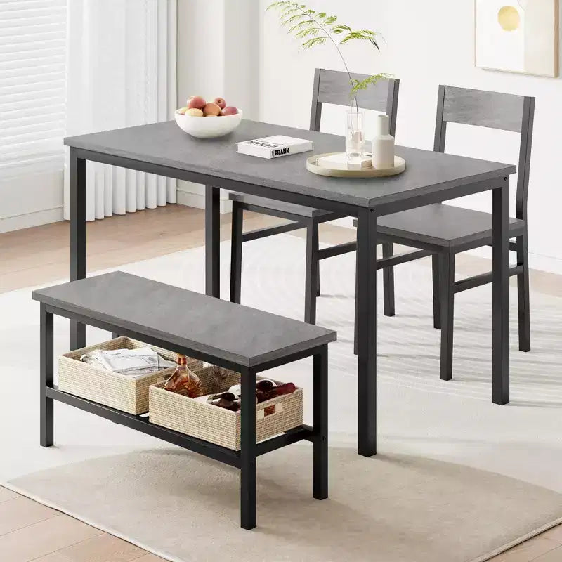 Table de salle à manger 4 pièces avec table, 2 chaises, un banc en métal, ensemble de table de cuisine rectangulaire pour salon, salle à manger, gris