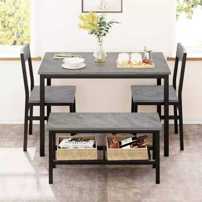 Table de salle à manger 4 pièces avec table, 2 chaises, un banc en métal, ensemble de table de cuisine rectangulaire pour salon, salle à manger, gris
