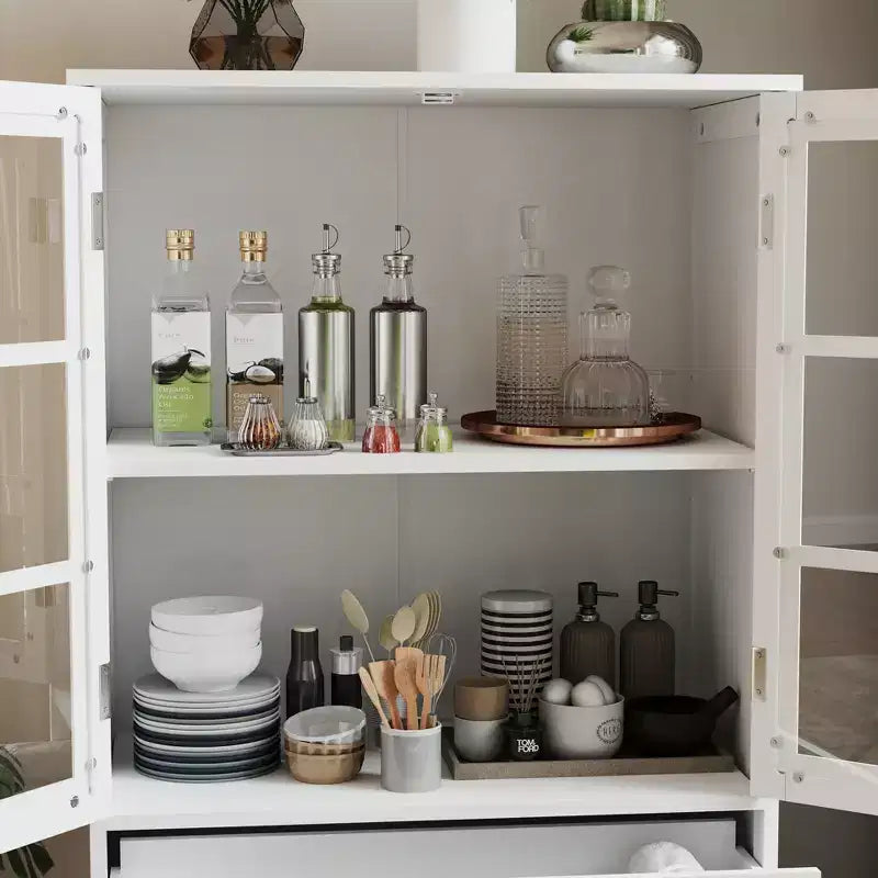 Buffet Minimaliste Blanc avec Portes Vitrées Doubles et Tiroir, Vaisselier Contemporain en Bois