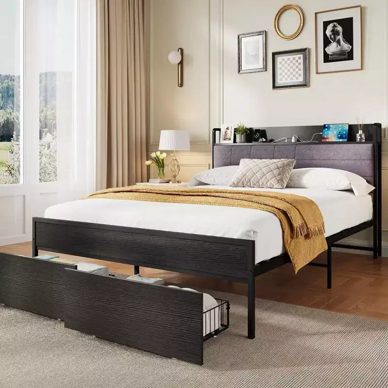 Queen Bed Frame with Shelf Headboard, Heavy Duty Bed Frame with Storage, Bed Frames with 2 Drawers