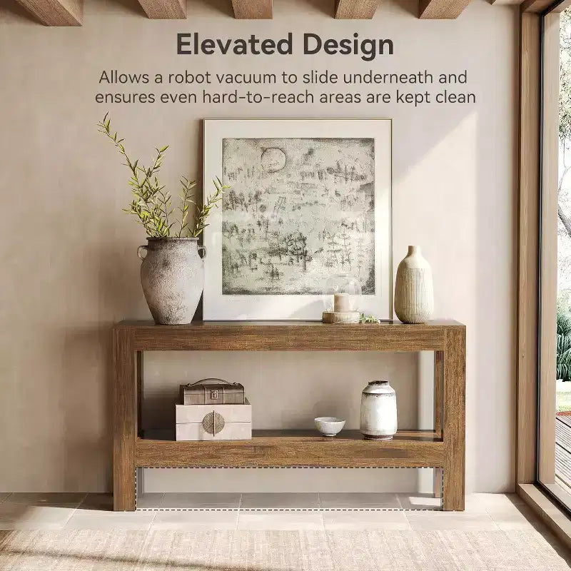 Table de console étroite Lantine en bois de 63 pouces, style rustique, avec 2 étagères pour salon, couloir, derrière le canapé, marron