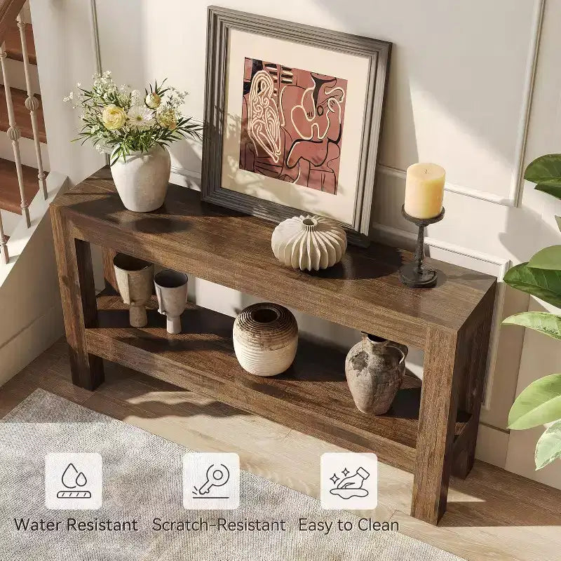 Table de console étroite Lantine en bois de 63 pouces, style rustique, avec 2 étagères pour salon, couloir, derrière le canapé, marron