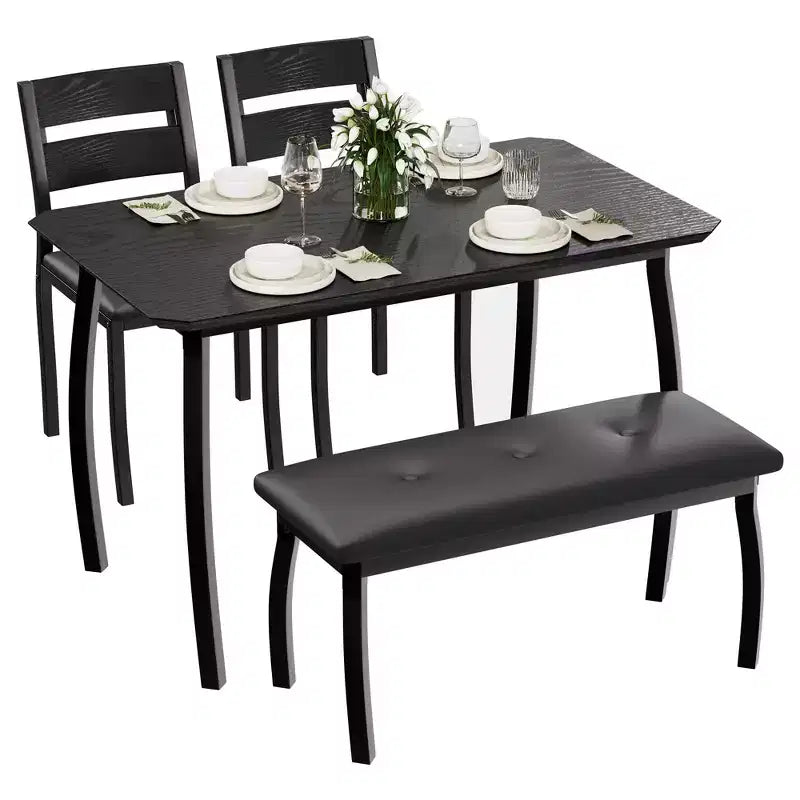 4-Piece Farmhouse Dining Set, Compact Table with 2 Benches for Kitchen Breakfast Nook, Black