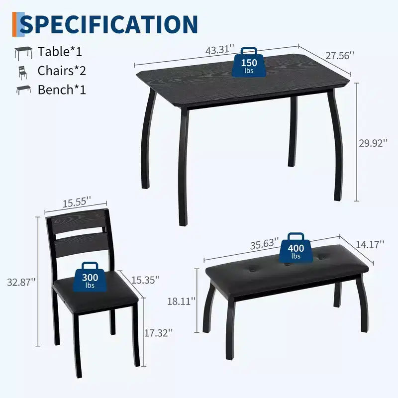 Ensemble de salle à manger 4 pièces style ferme, table compacte avec 2 bancs pour coin-repas de cuisine, noir