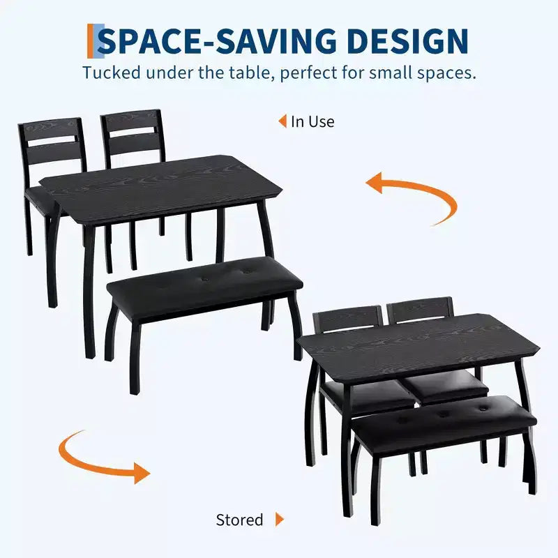 Ensemble de salle à manger 4 pièces style ferme, table compacte avec 2 bancs pour coin-repas de cuisine, noir