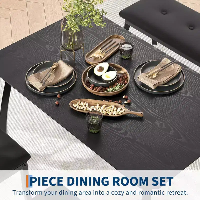 Ensemble de salle à manger 4 pièces style ferme, table compacte avec 2 bancs pour coin-repas de cuisine, noir