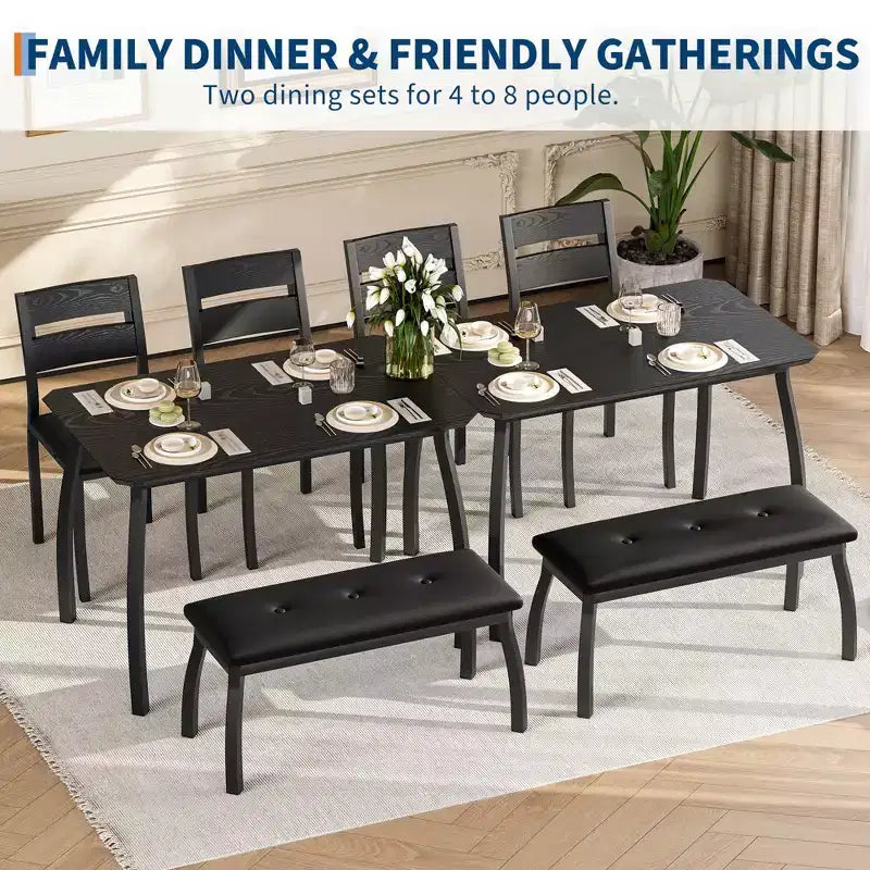 Ensemble de salle à manger 4 pièces style ferme, table compacte avec 2 bancs pour coin-repas de cuisine, noir
