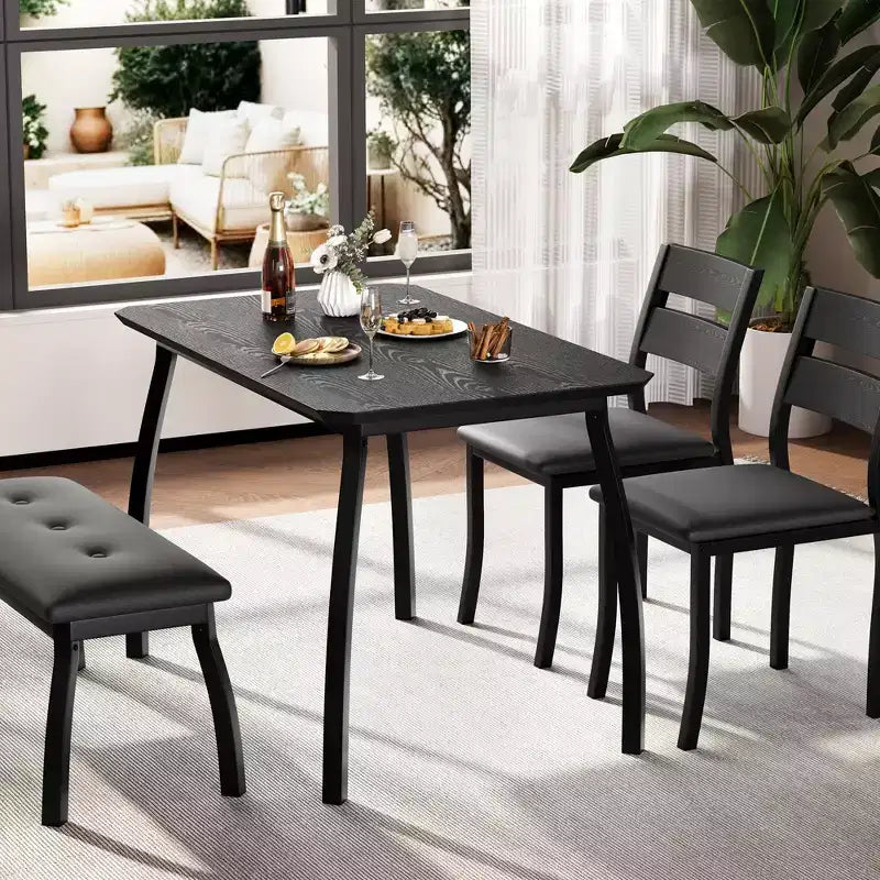 Ensemble de salle à manger 4 pièces style ferme, table compacte avec 2 bancs pour coin-repas de cuisine, noir