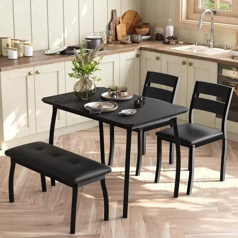 Ensemble de salle à manger 4 pièces style ferme, table compacte avec 2 bancs pour coin-repas de cuisine, noir