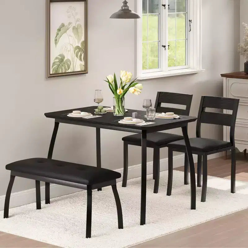 Ensemble de salle à manger 4 pièces style ferme, table compacte avec 2 bancs pour coin-repas de cuisine, noir
