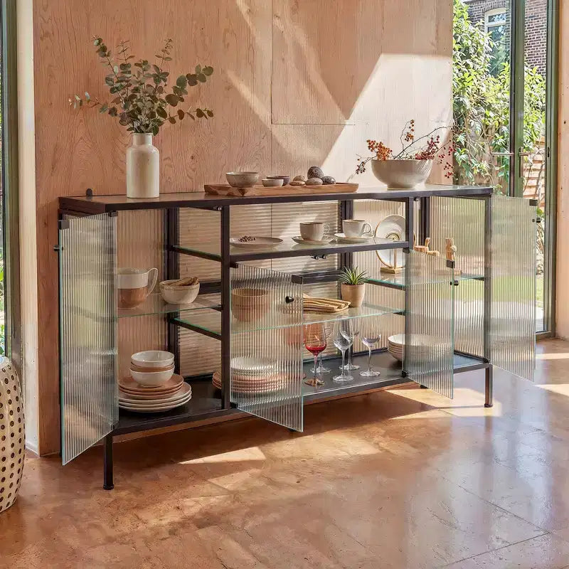Homsee Armoire de cuisine moderne en verre cannelé, vitrine à 3 lumières LED, buffet, pour rehausser l'ambiance de la cuisine ou de la salle à manger
