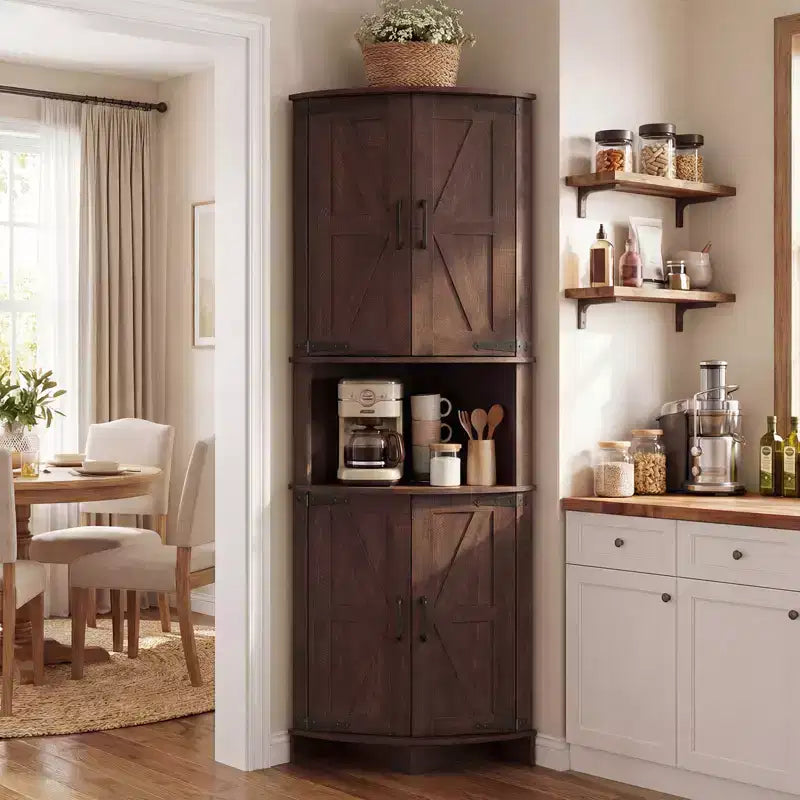 65 Farmhouse Corner Cabinet, Wood Kitchen Pantry Cabinet with Adjustable Shelves, Freestanding Buffet Hutch Cabinet for Kitchen, Living Room, White