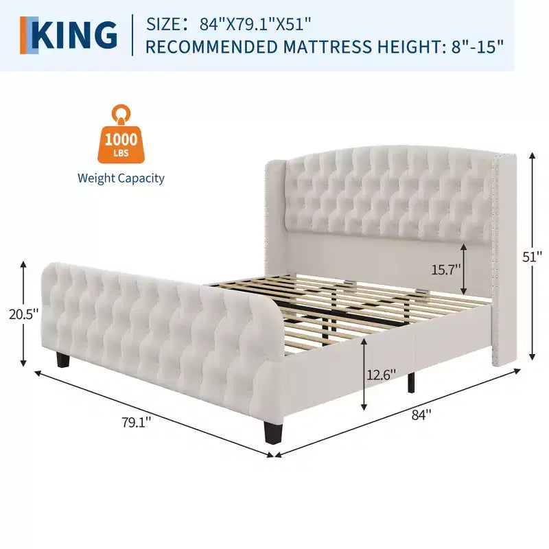 Cadre de lit plateforme en tissu doux avec tête de lit capitonnée ailée, embellissement de rivets, capacité de charge de 1000 lb, silencieux, facile à assembler.