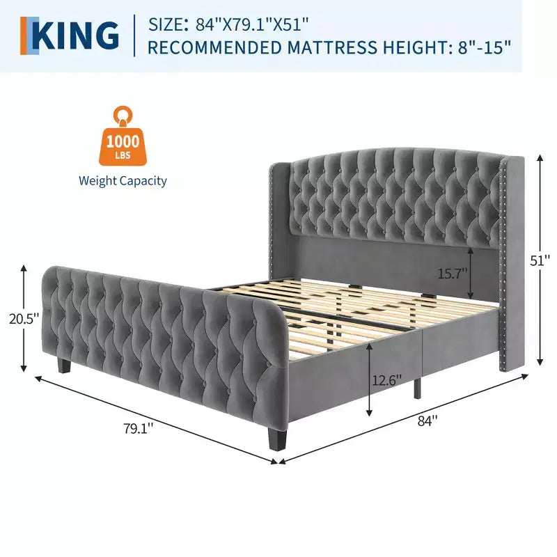 Cadre de lit plateforme en tissu doux avec tête de lit capitonnée ailée, embellissement de rivets, capacité de charge de 1000 lb, silencieux, facile à assembler.