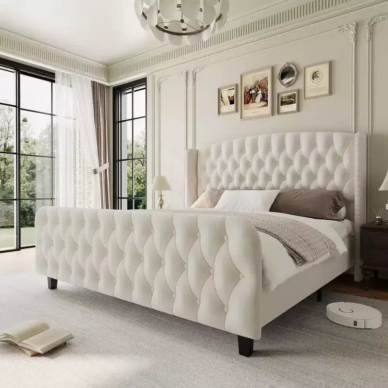Soft fabric platform bed frame  buttoned tufted wing back, rivet embellishment, 1000 lb load capacity, quiet, easy to assemble.