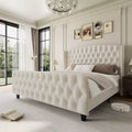 Soft fabric platform bed frame  buttoned tufted wing back, rivet embellishment, 1000 lb load capacity, quiet, easy to assemble.