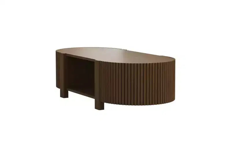 Table basse de salon ovale JVNOXK de 119,38 cm avec rangement, fabriquée en bois d'hévéa massif, avec 1 étagère et 2 portes de rangement ouvertes, noyer