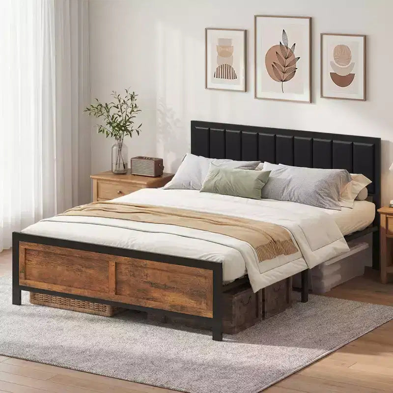 Dyonery Bed Frame with Upholstered Headboard and Footboard, Metal Platform Bed Frame, Noise-Reducing Design, No Box Spring Required, Easy Assembly