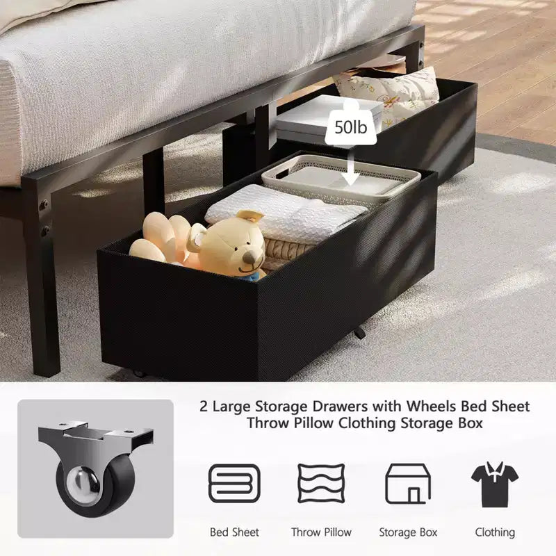 Cadre de lit Qwatto pleine grandeur avec rangement, 2 tiroirs, station de recharge, lumières LED, tête de lit rembourrée, lit plateforme, pas besoin de sommier tapissier, pour chambre à coucher