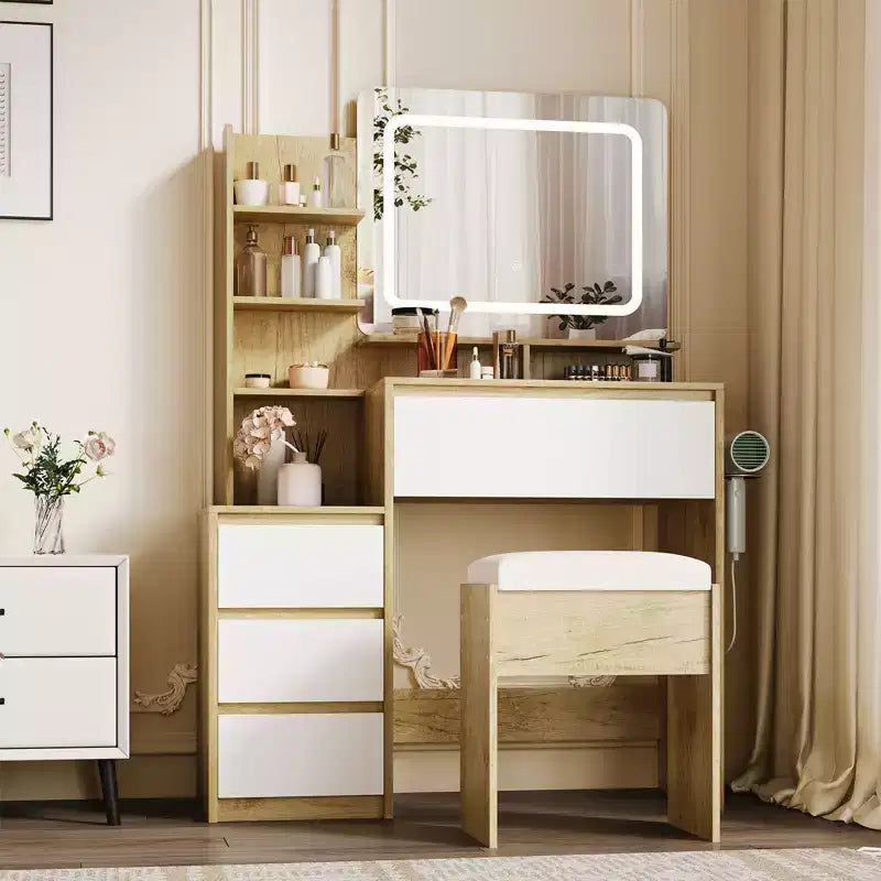 Modern Vanity Desk with Mirror, 36-Inch Makeup Table with 4 Drawers, Storage Shelves, and Stool  Ideal Dressing Table for Bedroom