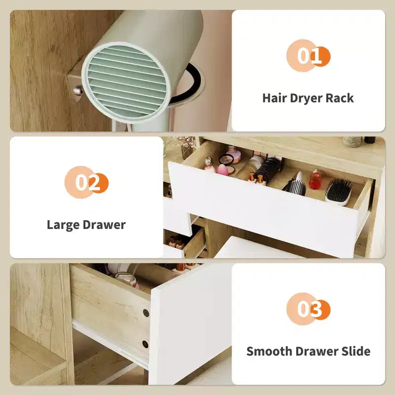 Coiffeuse moderne avec miroir, table de maquillage de 91 cm avec 4 tiroirs, étagères de rangement et tabouret. Coiffeuse idéale pour la chambre à coucher.