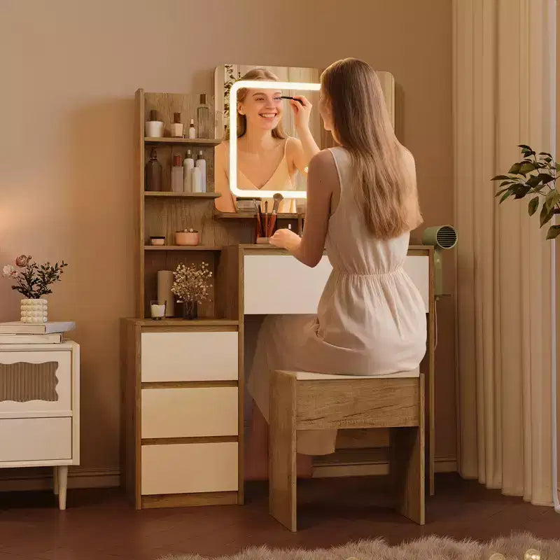 Coiffeuse moderne avec miroir, table de maquillage de 91 cm avec 4 tiroirs, étagères de rangement et tabouret. Coiffeuse idéale pour la chambre à coucher.