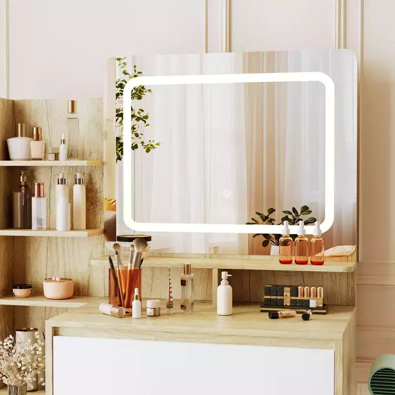 Coiffeuse moderne avec miroir, table de maquillage de 91 cm avec 4 tiroirs, étagères de rangement et tabouret. Coiffeuse idéale pour la chambre à coucher.