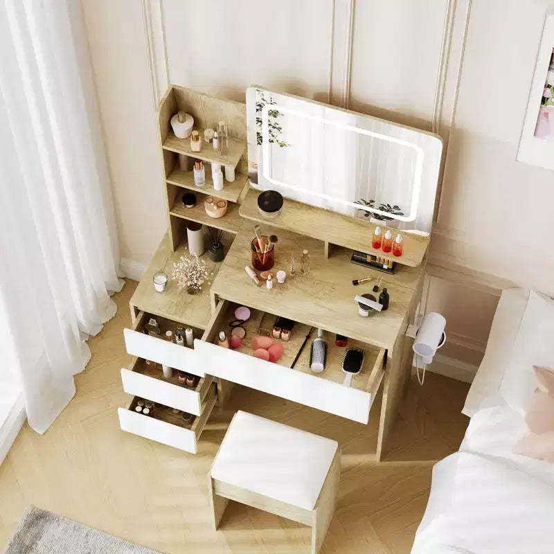 Coiffeuse moderne avec miroir, table de maquillage de 91 cm avec 4 tiroirs, étagères de rangement et tabouret. Coiffeuse idéale pour la chambre à coucher.