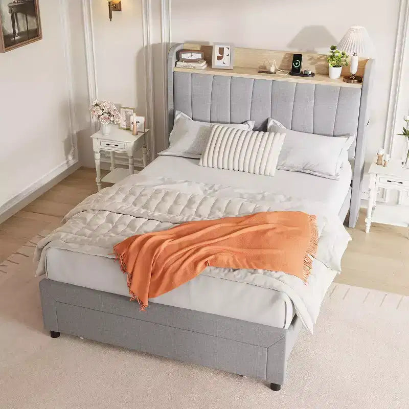 Lit Double avec Tête de Lit Rangement, Cadre de Lit Plateforme en Métal avec Grands Tiroirs, Pas Besoin de Sommier, Montage Facile, Beige