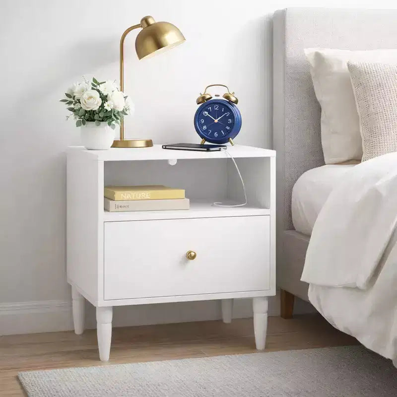 Modern White Nightstand with Drawer & Open Shelf, Gold Knob, Solid Wood Legs, Bedside Table for Bedroom/Living Room