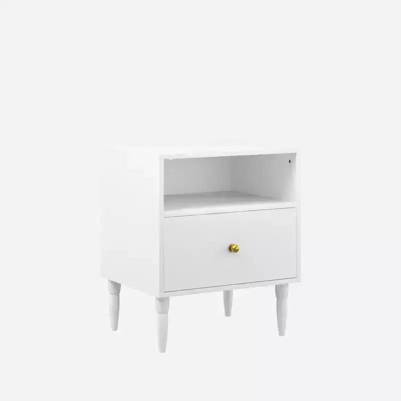 Table de chevet moderne blanche avec tiroir et étagère ouverte, poignée dorée, pieds en bois massif, table d'appoint pour chambre/salon