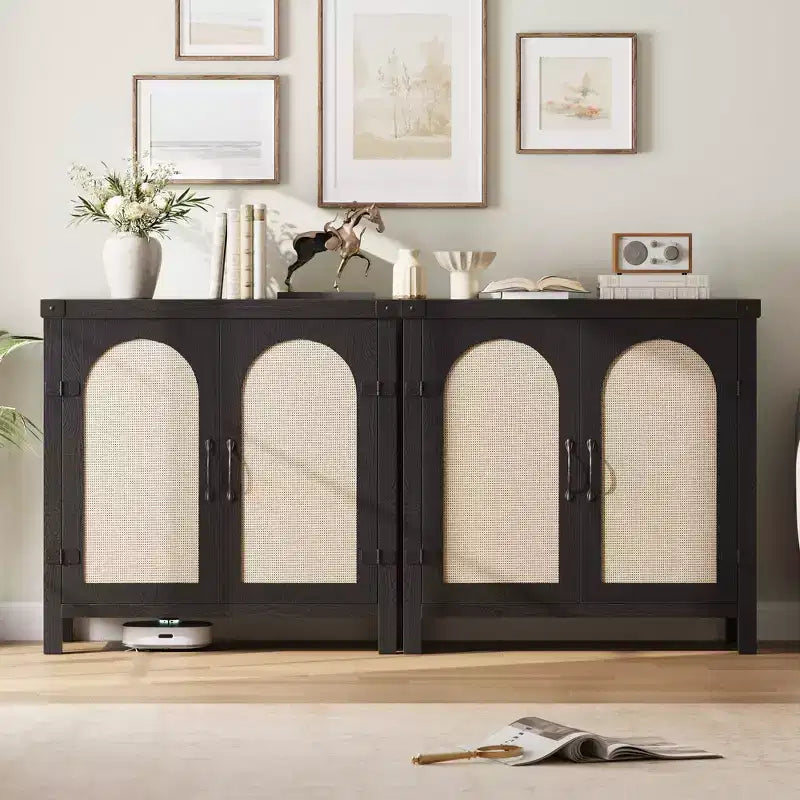 Buffet Cabinet, Sideboard with Storage  2 Pack 31.5 Black Faux Rattan Cabinet, Farmhouse Coffee Bar with Adjustable Shelves