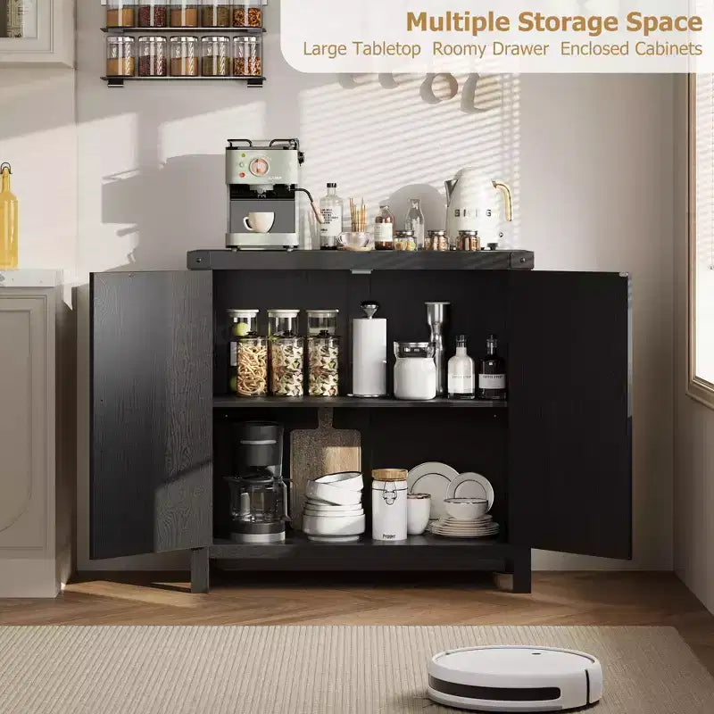 Bahut avec rangement, lot de 2 buffets noirs en rotin synthétique de 80 cm, meuble de bar de style rustique avec étagères réglables