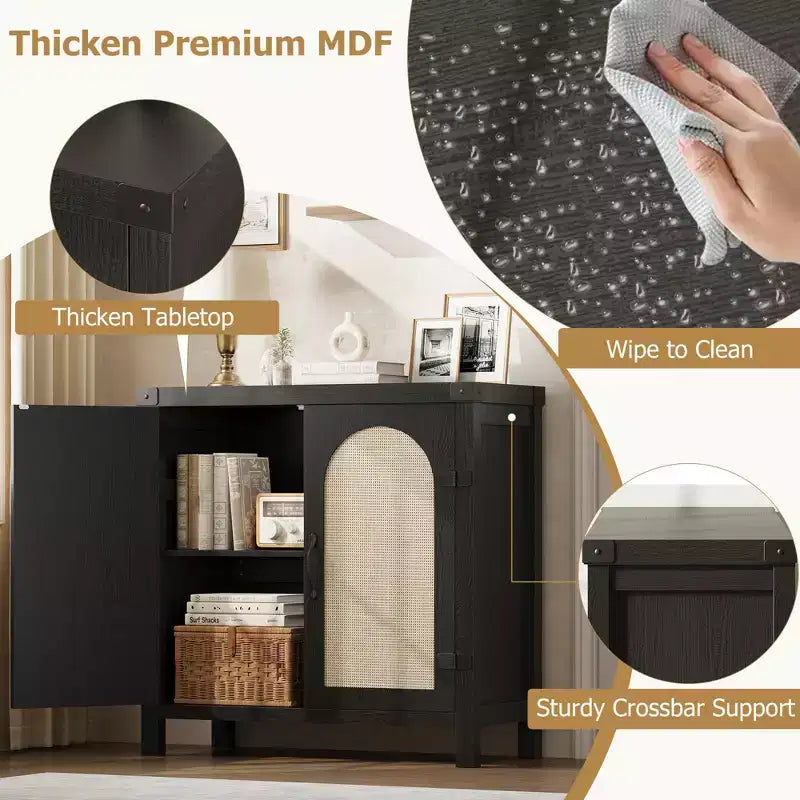 Bahut avec rangement, lot de 2 buffets noirs en rotin synthétique de 80 cm, meuble de bar de style rustique avec étagères réglables