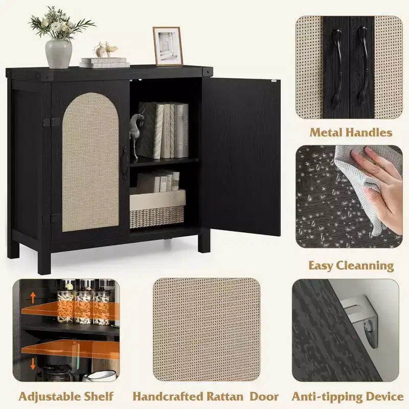 Bahut avec rangement, lot de 2 buffets noirs en rotin synthétique de 80 cm, meuble de bar de style rustique avec étagères réglables