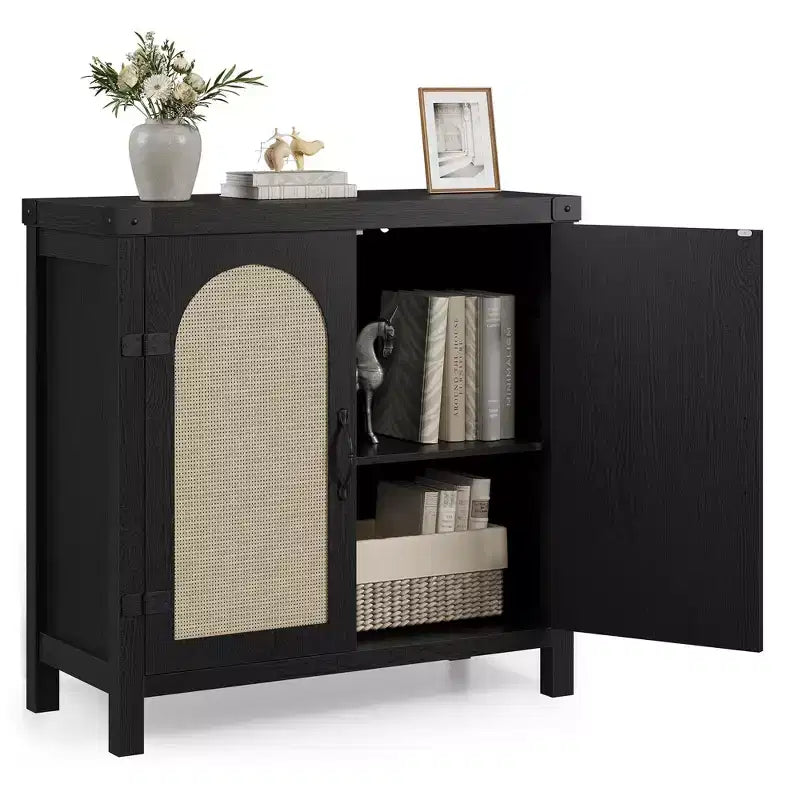 Bahut avec rangement, lot de 2 buffets noirs en rotin synthétique de 80 cm, meuble de bar de style rustique avec étagères réglables