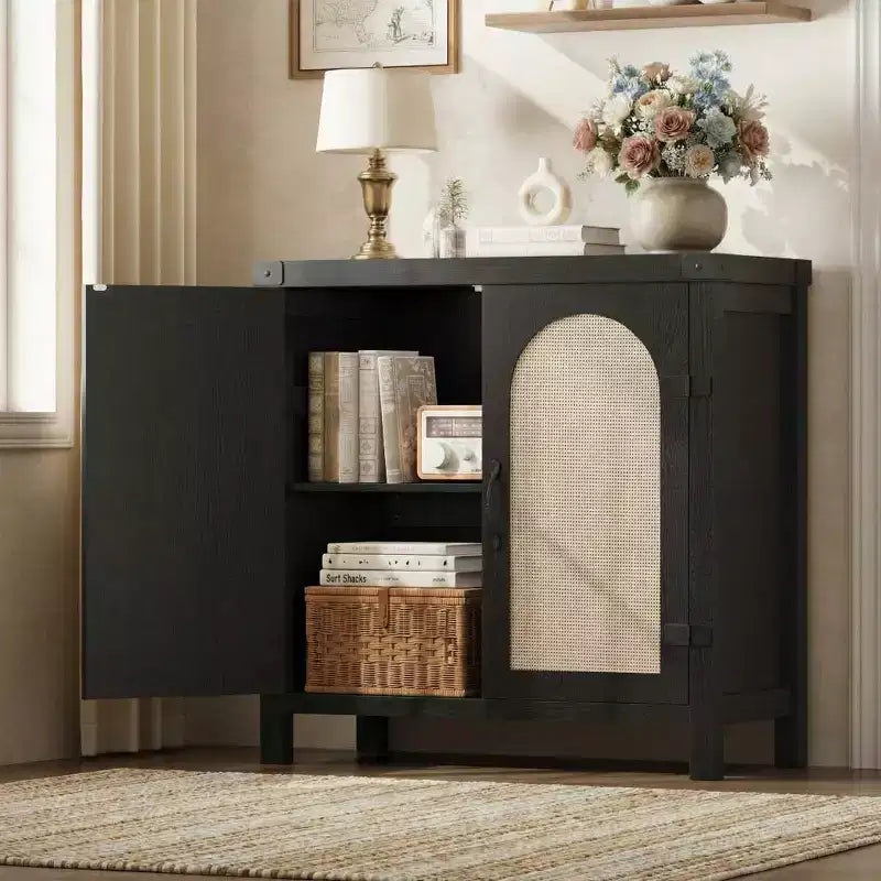 Bahut avec rangement, lot de 2 buffets noirs en rotin synthétique de 80 cm, meuble de bar de style rustique avec étagères réglables