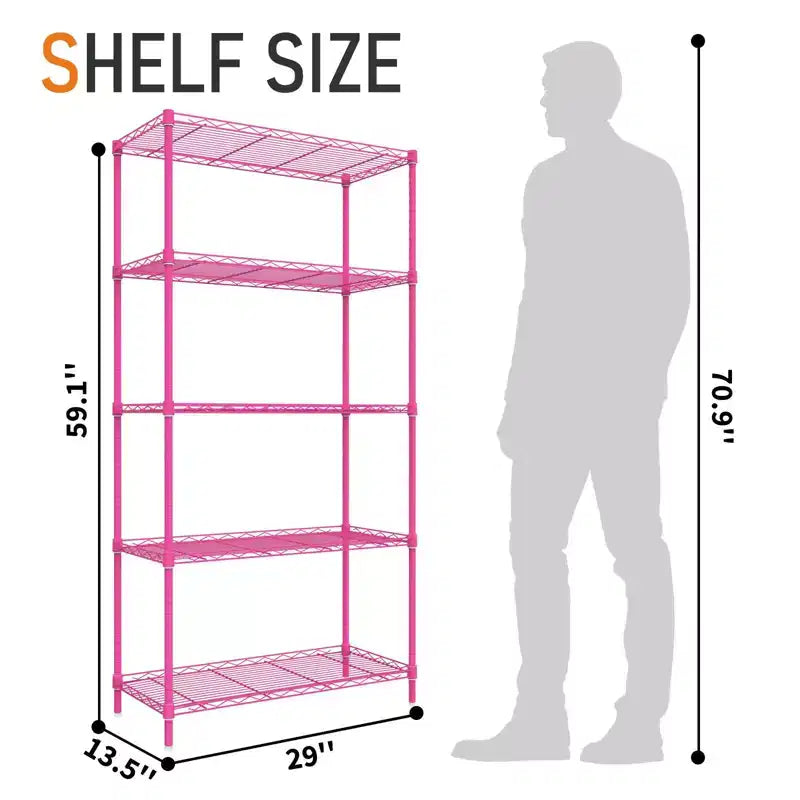 Étagères de rangement roses à 5 niveaux de 150 cm de hauteur avec hauteur des niveaux réglable