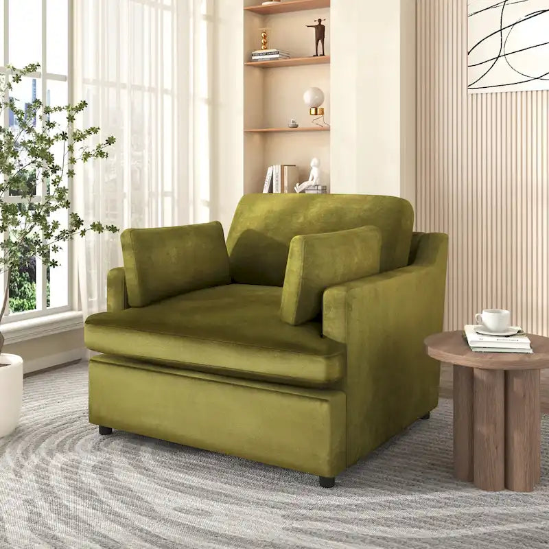 Fauteuil d'appoint vert 37 avec pieds en plastique et coussins décoratifs