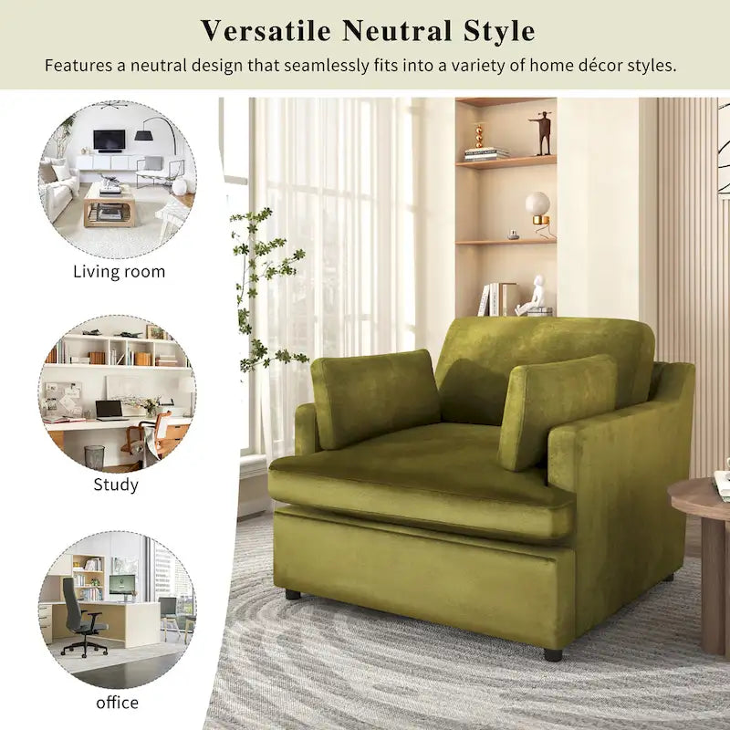 Fauteuil d'appoint vert 37 avec pieds en plastique et coussins décoratifs