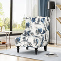 Fauteuil club haut de dossier 28 po floral beige et bleu avec pieds en bouleau