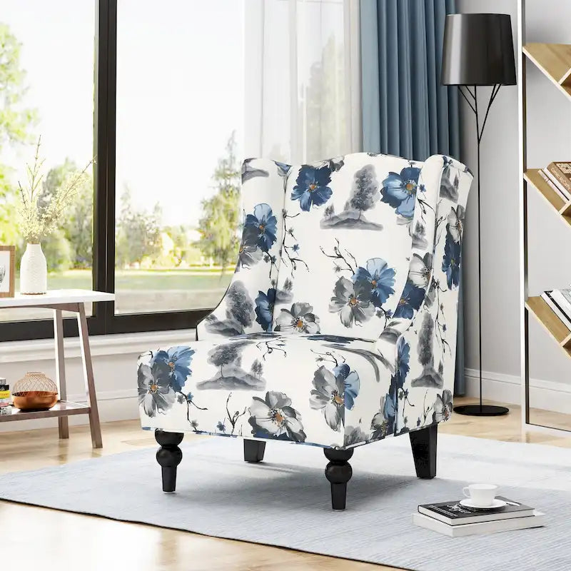 Fauteuil club haut de dossier 28 po floral beige et bleu avec pieds en bouleau